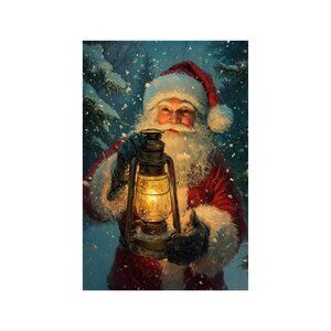 Santa Claus Holding Lantern in Snowstorm Unframed Canvas Wall Art  16" X 20"